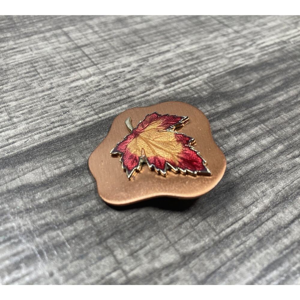 Vintage Enameled Maple Leaf Brooch On Copper Autumn Fall Tones - Picture 2 of 8